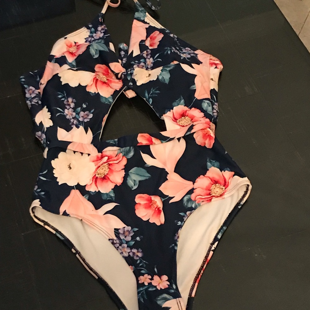 Blue and pink floral bathing suit.